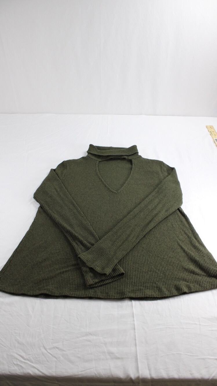 Vintage Forever 21 Women M Choker Neck Tunic Top Rayon Olive Ribbed Long Sleeve